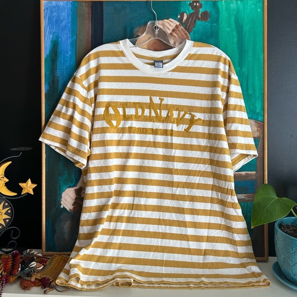 Old Navy Yellow and White Striped Embroidered Top XL - Picture 1 of 16